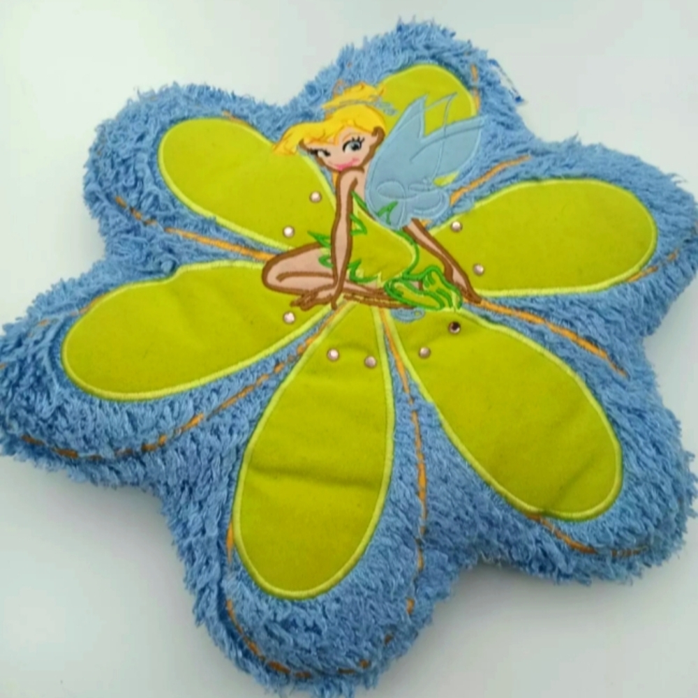 Disney Store Tinkerbell Plush Throw Pillow 3D Sparkly Flower Shaped Blue Y2K
